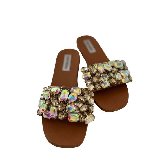 Steve Madden Brionna Rhinestone Flats Tan Leather Jewel Embellished Sandals 7.5 - Picture 2 of 16